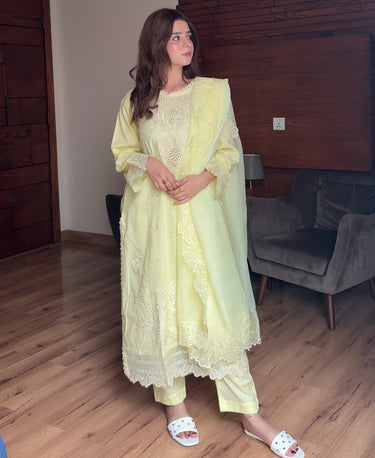 3 Piece Cotton Embroidered Dress - Lemon Haze